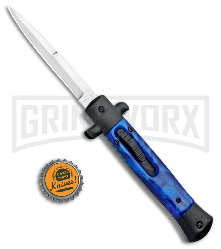 Mago 9" Blue Marble Italian Stiletto OTF Auto Knife Black Bolsters (Bayo Satin) 5 Mago 9" Blue Marble Italian Stiletto OTF Auto Knife Black Bolsters (Bayo Satin) - Image 5