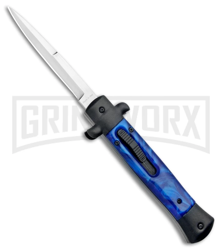 Mago 9" Blue Marble Italian Stiletto OTF Auto Knife Black Bolsters (Bayo Satin) 1 Mago 9" Blue Marble Italian Stiletto OTF Auto Knife Black Bolsters (Bayo Satin)