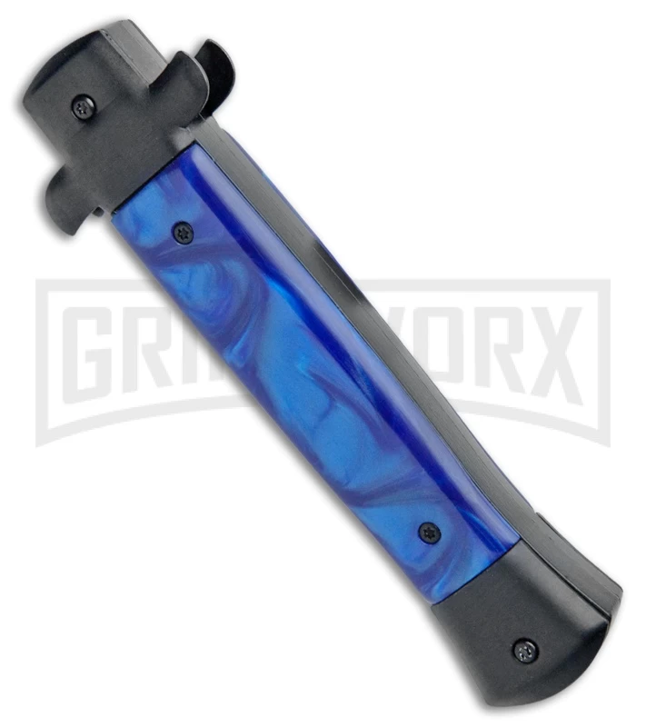 Mago 9" Blue Marble Italian Stiletto OTF Auto Knife Black Bolsters (Bayo Satin) 3 Mago 9" Blue Marble Italian Stiletto OTF Auto Knife Black Bolsters (Bayo Satin) - Image 3