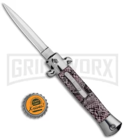 Mago 9" Diamondback Italian Stiletto OTF Automatic Knife - Satin Plain -Knives Sale Online Shop Mago 9in Sidewinder Stiletto Italian Dagger OTF Auto Satin GX 37055 jr bottlecap large