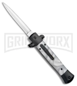 Mago 9" White Marble Italian Stiletto OTF Auto Knife Black Bolsters (Satin Dag)