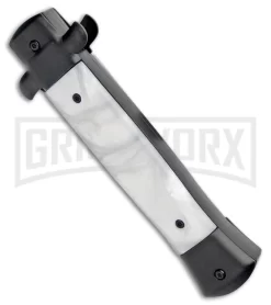 Mago 9" White Marble Italian Stiletto OTF Auto Knife Black Bolsters (Satin Dag) -Knives Sale Online Shop Mago 9in White Marble Italian Stiletto OTF Black Bolsters Dagger Satin GX 33951 jr side large