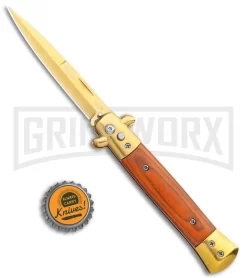 Milano 9" Stiletto Gold/Red Wood Automatic Knife - Bayonet -Knives Sale Online Shop Milano 9in Gold Italian Stiletto Rosewood Auto Bayo Gold GX 36287 jr bottlecap large