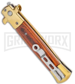 Milano 9" Stiletto Gold/Red Wood Automatic Knife - Bayonet -Knives Sale Online Shop Milano 9in Gold Italian Stiletto Rosewood Auto Bayo Gold GX 36287 jr side large