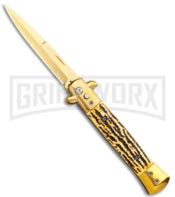 Milano 9" Stiletto Gold Sim Stag Horn Automatic Knife - Bayonet Satin