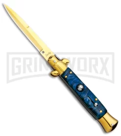 Milano 9" Italian Stiletto Blue Swirl Automatic Knife - Bayonet Gold