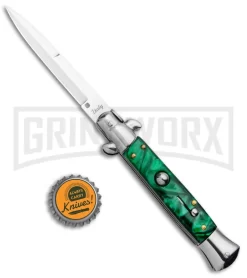 Milano 9" Italian Stiletto Green Swirl Automatic Knife - Bayonet Satin -Knives Sale Online Shop Milano 9in Italian Stiletto Green Swirl Auto Bayo GSE019MGRN GX 33524 jr bottlecap large