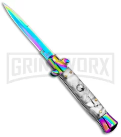 Milano 9" Italian Stiletto White Swirl Automatic Knife - Bayonet Spectrum