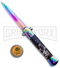 Milano 9" Stiletto Wolves Automatic Knife - Bayonet Satin -Knives Sale Online Shop Milano 9in Stiletto Wolves Auto Bayo Spectrum 909GRYSL GX 33511 jr bottlecap large
