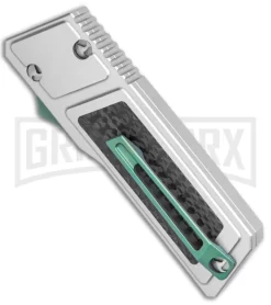 No Limit Knives Akuma OTF Automatic Knife Silver Green Hardware - Satin Plain -Knives Sale Online Shop No Limit Knives Akuma OTF Auto Silver Green Hardware Satin Plain GX 35284 jr side large