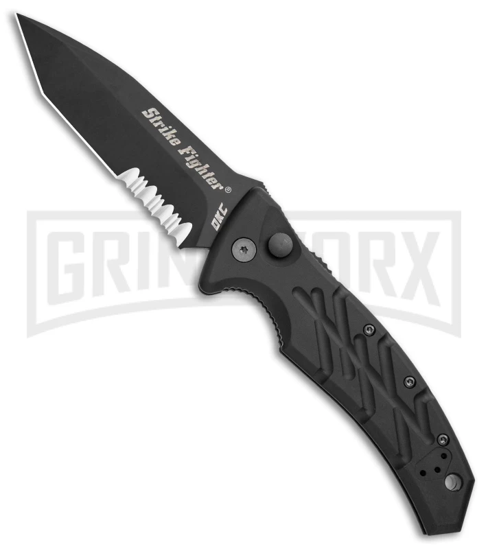 Ontario XM Strike Fighter 2-S Black Aluminum Automatic Knife - Black Serr 1 Ontario XM Strike Fighter 2-S Black Aluminum Automatic Knife - Black Serr