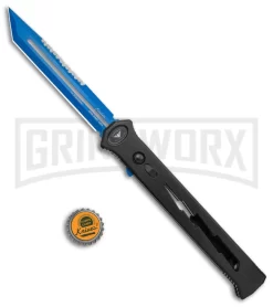 Paragon Estiletto Black Bolt Automatic OTF Knife - Blue Tanto -Knives Sale Online Shop Paragon Estiletto Tanto OTF Auto Black Lightning Bolt Blue Serr EST T LB B CBLU BHQ 103600 jr bottlecap large