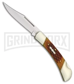 Rough Rider Folding Hunter Lockback Amber Jigged Bone Pocket Knife W/ Sheath