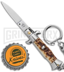 SKM 2.75" Italian Stiletto Keychain Stag Automatic Knife - Satin Plain -Knives Sale Online Shop SKM 2.75in Italian Stiletto Keychain Sim Abalone Auto Satin GX 36953 jr bottlecap large