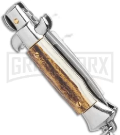 SKM 2.75" Italian Stiletto Keychain Stag Automatic Knife - Satin Plain -Knives Sale Online Shop SKM 2.75in Italian Stiletto Keychain Sim Abalone Auto Satin GX 36953 jr side large