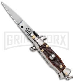 SKM 4" Italian Stiletto Keychain Stag Automatic Knife - Satin Plain