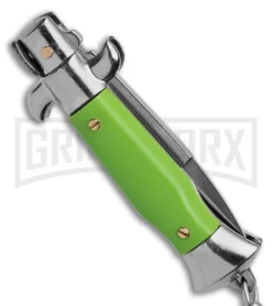 SKM 4" Italian Stiletto Green Acrylic Automatic Knife Keychain - Bayo -Knives Sale Online Shop SKM 4in Keychain Stietto AK Green Acrylic 1in Satin Bayo BHQ 183374 td side large
