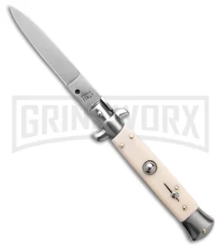 SKM 8" Italian Stiletto Simulated Ivory Automatic Knife - Flat Satin Plain