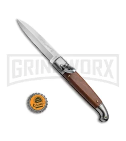 SKM 8" Fancy Lever Lock Wood Automatic Knife - Satin Bayonet -Knives Sale Online Shop SKM 8in LL Stamina Wood Bayo BP 19452 jr bottlecap large