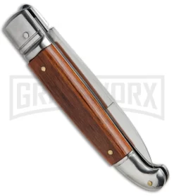 SKM 8" Fancy Lever Lock Wood Automatic Knife - Satin Bayonet -Knives Sale Online Shop SKM 8in LL Stamina Wood Bayo BP 19452 jr side large