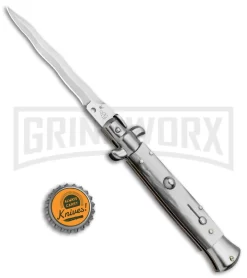 SKM/AB 9" White Acrylic Automatic Stiletto Knife - Satin Kris -Knives Sale Online Shop SKM AB 9in Italian Stiletto Acrylic White Kriss BP 2546 jr bottlecap 2 large