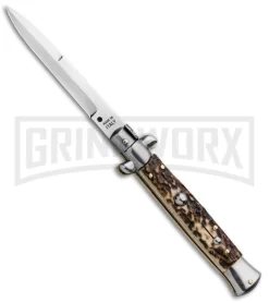 SKM AB 9" Italian Stiletto Stag Automatic Knife - Bayo Satin Plain