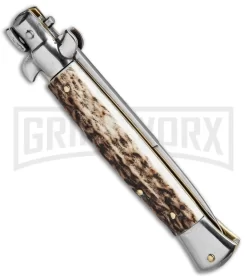 SKM AB 9" Italian Stiletto Stag Automatic Knife - Bayo Satin Plain 6 SKM AB 9" Italian Stiletto Stag Automatic Knife - Bayo Satin Plain -Knives Sale Online Shop SKM AB 9in Stag Bayonet BHQ 74901 jr side large