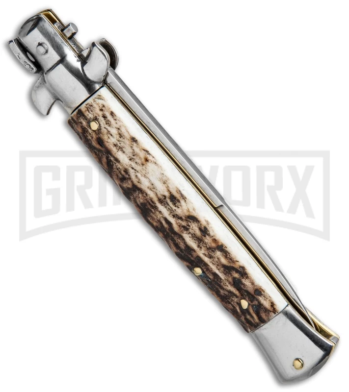 SKM AB 9" Italian Stiletto Stag Automatic Knife - Bayo Satin Plain 3 SKM AB 9" Italian Stiletto Stag Automatic Knife - Bayo Satin Plain - Image 3