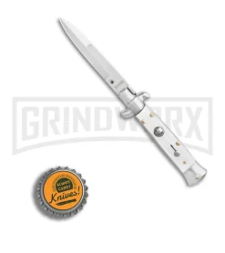 SKM 5.5" Italian Stiletto White Pearlex Automatic Knife - Bayonet -Knives Sale Online Shop SKM AB Italian Stiletto White Pearlex Auto Bayo GX 31315 er bottlecap large