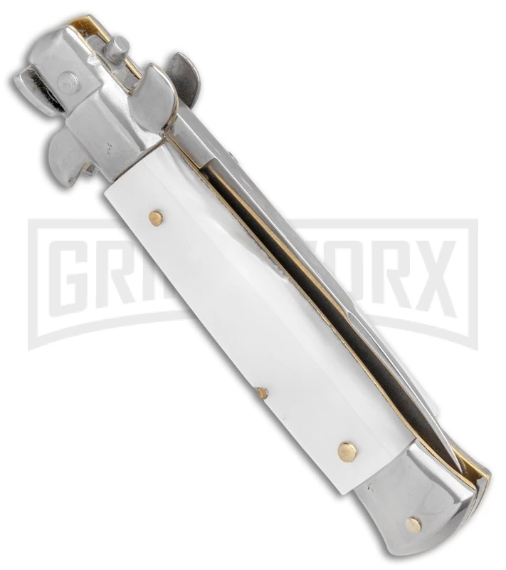 SKM 5.5" Italian Stiletto White Pearlex Automatic Knife - Spear Point 2 SKM 5.5" Italian Stiletto White Pearlex Automatic Knife - Spear Point - Image 2