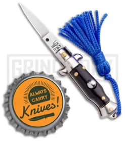 Italian Stiletto Black Automatic Knife Blue Keychain - Flat Grind -Knives Sale Online Shop SKM Italian Stiletto Keychain Auto Black Blue Satin BHQ 102944 jr bottlecap large