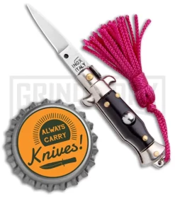 Italian Stiletto Black Automatic Knife Pink Keychain - Flat Grind -Knives Sale Online Shop SKM Italian Stiletto Keychain Auto Black Pink Satin BHQ 102936 jr bottlecap large