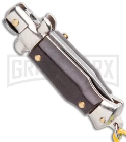 Italian Stiletto Brown Automatic Knife Yellow Keychain - Flat Grind -Knives Sale Online Shop SKM Italian Stiletto Keychain Auto Brown Yellow Satin BHQ 102941 jr side large