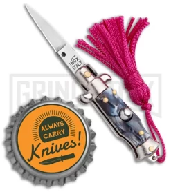 Italian Stiletto Gray Marble Automatic Knife Pink Keychain - Flat Grind -Knives Sale Online Shop SKM Italian Stiletto Keychain Auto Marble Pink Satin BHQ 102938 jr bottlecap large