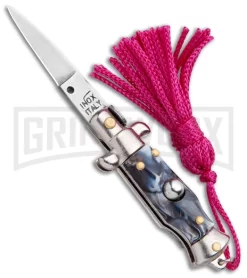 Italian Stiletto Gray Marble Automatic Knife Pink Keychain - Flat Grind