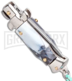 Italian Stiletto Gray Marble Automatic Knife Teal Keychain - Flat Grind -Knives Sale Online Shop SKM Italian Stiletto Keychain Auto Marble Teal Satin BHQ 102943 jr side large