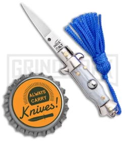 Italian Stiletto Gray Automatic Knife Blue Keychain - Flat Grind -Knives Sale Online Shop SKM Italian Stiletto Keychain Auto Silver Blue Satin BHQ 102946 jr bottlecap large