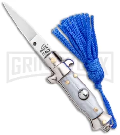 Italian Stiletto Gray Automatic Knife Blue Keychain - Flat Grind