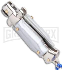 Italian Stiletto Gray Automatic Knife Blue Keychain - Flat Grind -Knives Sale Online Shop SKM Italian Stiletto Keychain Auto Silver Blue Satin BHQ 102946 jr side large