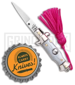 SKM Italian Stiletto Gray Automatic Knife Pink Keychain - Flat Grind -Knives Sale Online Shop SKM Italian Stiletto Keychain Auto Silver Pink Satin BHQ 102939 jr bottlecap large