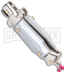 SKM Italian Stiletto Gray Automatic Knife Pink Keychain - Flat Grind -Knives Sale Online Shop SKM Italian Stiletto Keychain Auto Silver Pink Satin BHQ 102939 jr side large