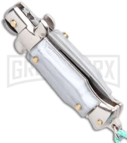 Italian Stiletto Gray Automatic Knife Teal Keychain - Flat Grind -Knives Sale Online Shop SKM Italian Stiletto Keychain Auto Silver Teal Satin BHQ 102942 jr side large