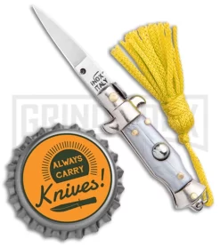 Italian Stiletto Gray Automatic Knife Yellow Keychain - Flat Grind -Knives Sale Online Shop SKM Italian Stiletto Keychain Auto Silver Yellow Satin BHQ 102940 jr bottlecap large