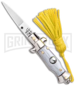Italian Stiletto Gray Automatic Knife Yellow Keychain - Flat Grind