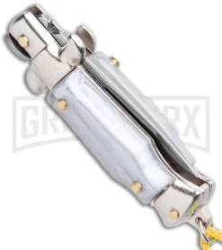 Italian Stiletto Gray Automatic Knife Yellow Keychain - Flat Grind -Knives Sale Online Shop SKM Italian Stiletto Keychain Auto Silver Yellow Satin BHQ 102940 jr side large