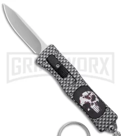 Skull Mini Dog Tag Gray Black Carbon Fiber D/A OTF Automatic Knife - Satin Plain