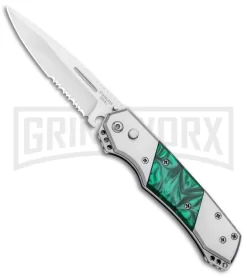Super Knife Croc Automatic Knife Stainless Steel W/ Green Inlay - Satin Serr