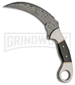 Tallen Vortex Claw Black Horn Fixed Blade Karambit Knife - Damascus Plain