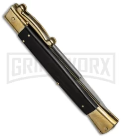 AGA Campolin 13" Stiletto Brass Swinguard Ebony Wood Automatic Knife - Bayonet -Knives Sale Online Shop aga 13in swing brass ebony bayo side cm large