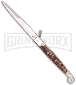 A.G.A. Campolin 12" Stag Horn Sicilian Ring Pull Automatic Knife - Bayonet